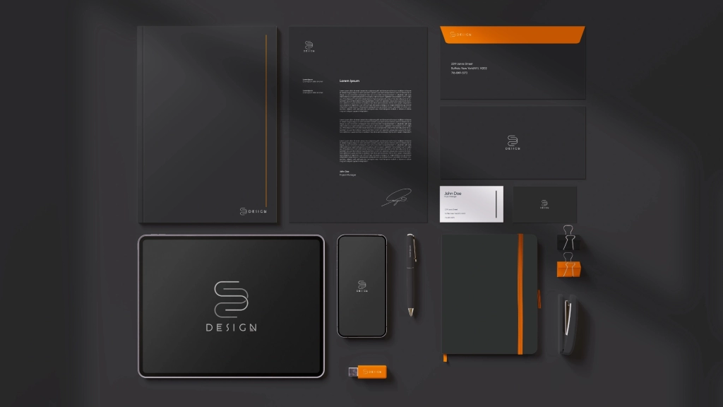 Branding Set stationery including iphone, ipad and print materials free download 8K Resolution dark version